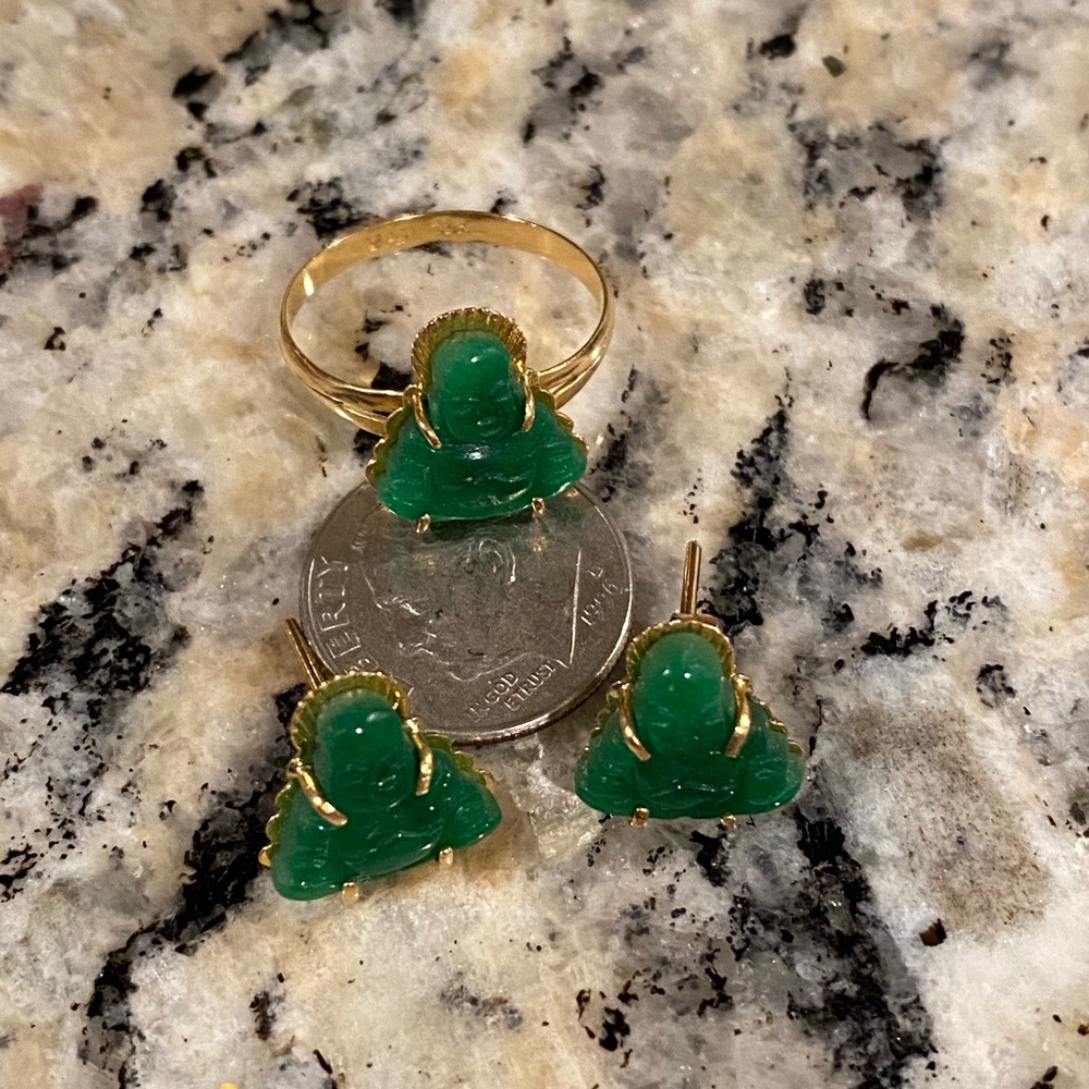 18k gold jade Buddha ring and earring set